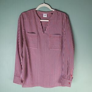 Cabi Women's Red Franklin Striped Split V-Neckline Popover Blouse Size Large